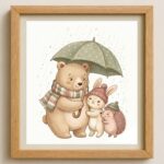 2 Bear Bunny Hedgehog Rainy Day Nursery Print