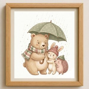 Bear Bunny Hedgehog Rainy Day Nursery Print