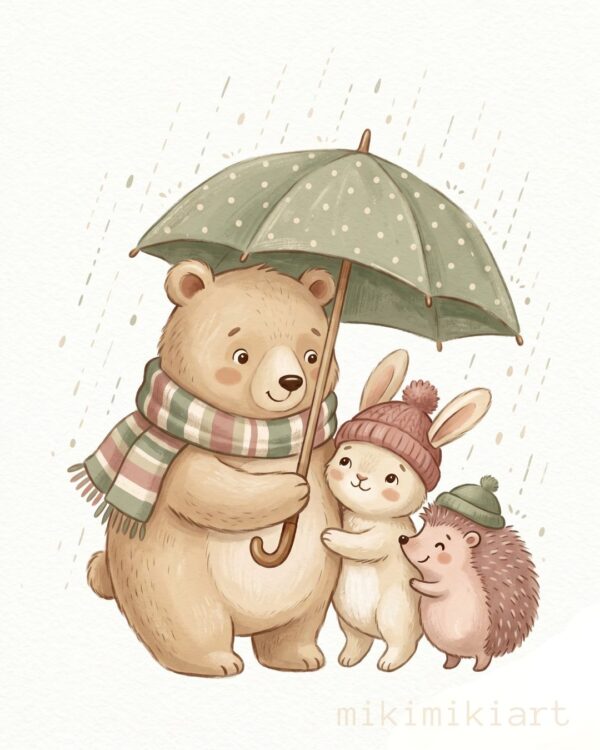 Bear Bunny Hedgehog Rainy Day Nursery Print